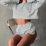 Summer Striped Pajama Sets for Women Sleepwear Long Sleeve Top and Shorts 2 Piece Set Casual Home Wear Loungewear