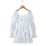 Sweet Long-sleeve Dress For Women Pleated Printed Short Women White Floral Print Mini Dress Long Puff Sleeve For Beach 96U3