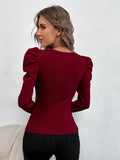 Phantasy New Y2k Tops Fashion Square Collar Slim Leg Sleeve Knitted Bubble Long Sleeve T-shirt Casual Style Vintage Clothing
