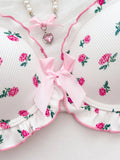 Sweet Floral Print Women Lingerie Set Bow Ruffle Trim Underwire Bra Comfy ladies Panties Daily Bra Set