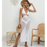 Women's Sexy Binding Rope Deep V Beach Cover-Up Knitting Halter Tunic Long Dress See-Through Summer Holiday Casual Beachwear
