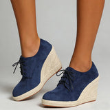 2026 Big Size 43 Vintage Brown Black Pointy Toe Lace-up High Heels Espadrilles Pumps Comfy Walk Office Lady Wedges Shoes Women