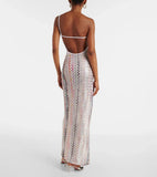 Summer Wavy Stripes Slim Long Dresses Women Sexy Backless Slant Collar Sleeveless Dress Fashion Beach Vacation Style Vestidos