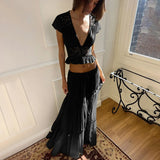 FDYOUI Sexy V-neck Lace Patchwork T-shirt Tops+Long Skirt 2 Piece Set Women's Summer Green Holiday Party Dress Suit Streetwear