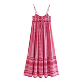 Foridol Crochet Bohemian Summer Dress for Women Spaghetti Strap Red Vintage Tassel Beach Dress Maxi Long Casual Sundress Autumn