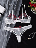White embroidered floral lingerie set - a sexy bra and thong combination with heart-shaped decorations for ladies ZA824026