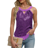 Women's Sequin Glitter Tank Tops Sleeveless Crew Neck Slim Fit Camisole For Holiday Backless Bow Tie Streetwear Party Club Vest