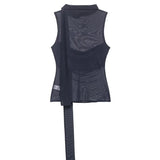 Women's Silk Mesh Scarf Top Women Dark Gray Mesh Halter Neck Sleeveless Top Ruched Front Tie Detail Sheer Casual For Party AFIA