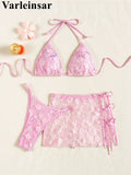 S - XL Three-pieces Bikini set With Skirt Flowers Sequins Bikini Female Swimsuit Women Swimwear Bather Bathing Suit Swim V7864