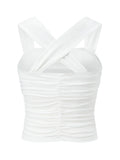 Women Square Neck White Tank Tops Ruched Design Sleeveless Solid Color Slim Fit Crop Tops Summer Vest Shirts
