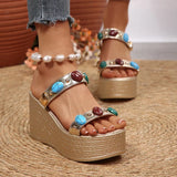 Fashion Gems Chunky Wedges Sandals Women Summer Plus Size 43 Platform Slippers Woman 2026 Gold Super High Heeled Sandalias Mujer