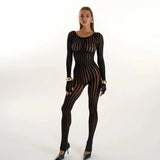 FDYOUI Sexy See-through Bodysuit Women's Long Sleeve Night Club Overalls Black Streetwear Lady Chic One Piece Party Jumpsuits