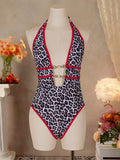 Sexy Red Leopard Print Contrast One Piece Swimsuit 2026 Women Pearls Hollow Out Deep V Neck Backless Slim Bathing Suit Swimwear