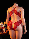 Erotic Hot women Plus Size Lace Halter Teddy Bodysuit Crotchless Criss-Cross Back Deep V Neck Open Crotch sexy Lingerie 1XL-4XL