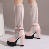 Plus Size Mesh Fabric Splicing PU High Socks Boots Ankle Buckle Ultra Thick Heel Back Zipper Breathable Summer Knee High Boots