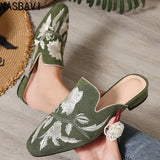 NASBAVI Fashion 3d Embroidery Mules Women Fur Slippers Velvet Shoes Ladies Low Heel Flower Decoration Sandals Women's Flip Flops