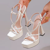 2027 New Arrival Weave Narrow Band Back Buckle Strap Women Platform Sandals Strange High Heels  Party Dress Shoes Size 42