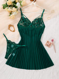 A set Net fabric see-through deep V nightgown thong set - emerald green floral lace strapless fitted sexy nightgown set ZA825096
