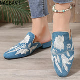 NASBAVI Fashion 3d Embroidery Mules Women Fur Slippers Velvet Shoes Ladies Low Heel Flower Decoration Sandals Women's Flip Flops