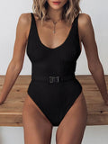 V Neck Ribbed High Leg Cut Women Swimwear One Piece Swimsuit Female Backless Monokini Bather Waist Belt Bathing Suit Swimwear
