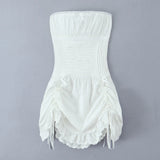 Foridol White Cotton Summer Women's Dress 2025 Off Shoulder Strapless Mini Beach Dress Casual Flower Embroidery Drawstring Dress