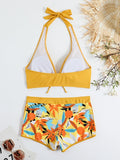 Halter Bikinis 2026 Women Printed Swimsuit Shorts High Waist Swimwear Female Bathers Swimming Bathing Suit Summer Beachwear