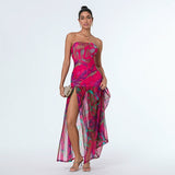 Women’s Tube Top Dress Bohemian Printed Strapless Mesh High Slit Long Dress Summer Evening Party Beach Sexy Club Dresses Summer