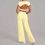 Women's Tracksuit Yoga Sets Back Hollow Out Short Sleeve Sports Shirts High Waist Straight Leg Pants Gym Running Fitness Suits
