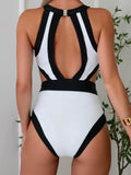 Vintage White Black Patchwork Swimwear Women 2026 Hollow Out Backless High Waist Bikini Beach Bathing Suit One Piece Swimsuit