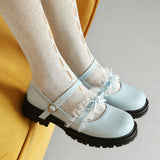 2026 Plus size 47 Sweet Blue Lace Ruffles Mary Janes Shoes Women Gothic Black Bow Knot Cute Lolita Cosplay Flats Casual Shoes
