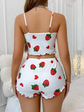 Summer Strawberry Print 2PCS Pajama Set Women's Casual Sleepwear Suspender Crop Tops and Shorts Comfortable Home Wear
