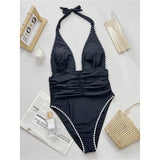 V Neck Halter Wrinkled Women Swimwear One Piece Swimsuit Female High Leg Cut Backless Monokini Bather Bathing Suit Swim V5878
