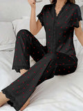 Women Sleepwear Black Lace Trim Cherry Print 2 Piece Pajamas Set Short Sleeve Top & Full-Length Pants Homewear