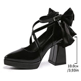 Punk Pointed Toe Thick Heels Mary Jane Shoes Women Bowknot Decor Cross Strap Platform Pumps Woman Patent Leather Party Shoes