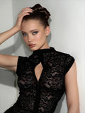 Ahagaga Summer Chic Lace Patchwork Tops Tees Sexy Sleeveless High Neck Hollow Out Slim Regular Elegant Club T-Shirt for Ladies