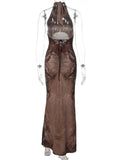 FDYOUI Women Vintage Halter Printed Long Party Club Dresses 2026 Summer Ladies Sexy Backless Lace-up Bodycon Evening Prom Dress