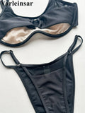 New Splicing Mesh Sheer Bikini Women Swimwear Female Swimsuit Two-Pieces Bikini Set High Leg Cut Bather Bathing Suit Swim V7742