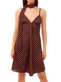 Women's Summer Mini Cami Dress A Line Stylish Dot Print Backless V Neck Spaghetti Strap Dresses with Scarf
