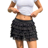 Women's Summer Layered Ruffle Mini Skirts Fashionable Solid Color Lace Patchwork Going Out Drawstring Cake Skirt
