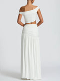 Summer Skirt Set Women Metal Flower Sexy Off Shoulder Slim Crop Top High Slit Skirt Sets Fashion Backless Pleated 2 Piece Suits