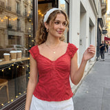 Women Square Neck Tops Botton Down Cap Sleeve Crop Blouse Summer Retro Casual Daily Office  Back Tie Shirts