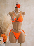 Sexy Black 3D Flower Holiday Bikini Set 2026 Women Drawstring Side Knitted Cover Up 3 Piece Swimsuit Beach Bathing Suit Swimwear