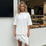 Women 3/4 Length Sleeve Crew Neck Casual Loose Fit Long Tops Summer Lace Patchwork Hem Solid Color T Shirts