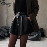 Phantasy Sexy Short Trousers Street Bottom High Waist Wide Leg Ruffles Cuff Pu Leather Shorts Fashionable Autumn Women Clothing