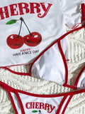 Cherry Print Mesh Short Sleeve Bikini Female Swimsuit Women Swimwear Three-pieces Bikini Set Micro Bathing Suit Swim Beachwear