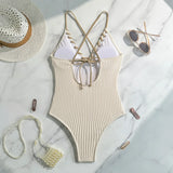 V Neck Wrinkled Ribbed Cross Backless One Piece Swimsuit Women Swimwear Female High Leg Cut Monokini Bather Bathing Suit Swim