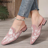 NASBAVI Fashion 3d Embroidery Mules Women Fur Slippers Velvet Shoes Ladies Low Heel Flower Decoration Sandals Women's Flip Flops
