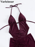 Sexy With Skirt Halter Deep V Neck Women Swimwear One Piece Swimsuit Female High Leg Cut Backless Bather Bathing Suit Swim V8112