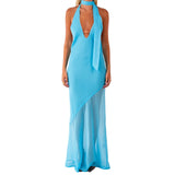 Women's Summer Dress Dot Print Backless Halter Slim Fit Long Dress with Scarf Party Elegant Dresses