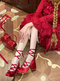 2026 Plus Size 43 Retro Red Lolita Ankle Wrap Pumps Sweet 5cm Med Square Heels Gothic Cosplay Ballet Mary Janes Shoes Women